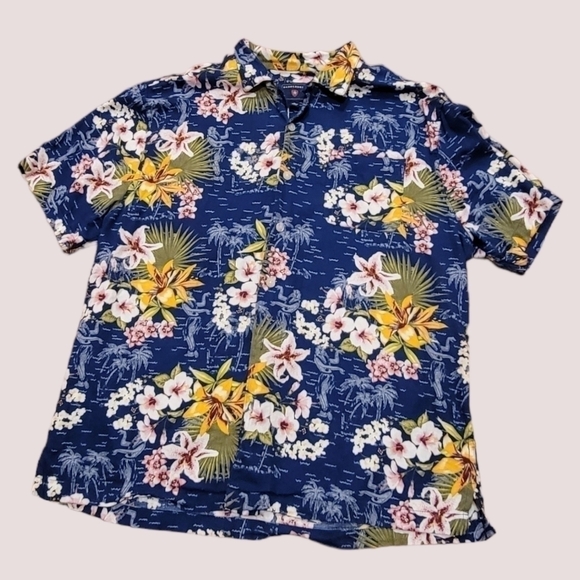SADDLEBRED Blue Hawaiian Aloha Shirt Wahine Hula Hibiscus Sz XL Floral T14 - Picture 1 of 7